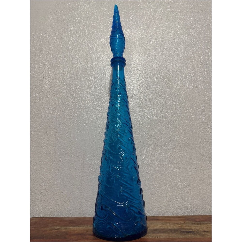 Vintage Italian Empoli Blue Wave MCM Art Glass Genie Bottle Decanter w Stopper